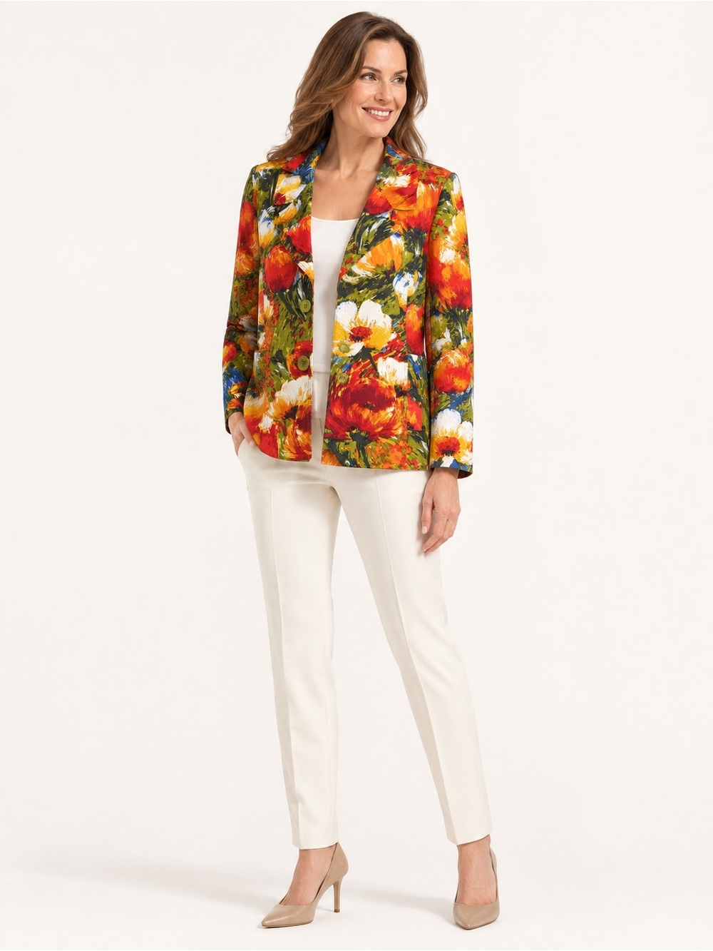 Chico's Vibrant Floral Single-Button Blazer in Red, Yellow, Green, Blue